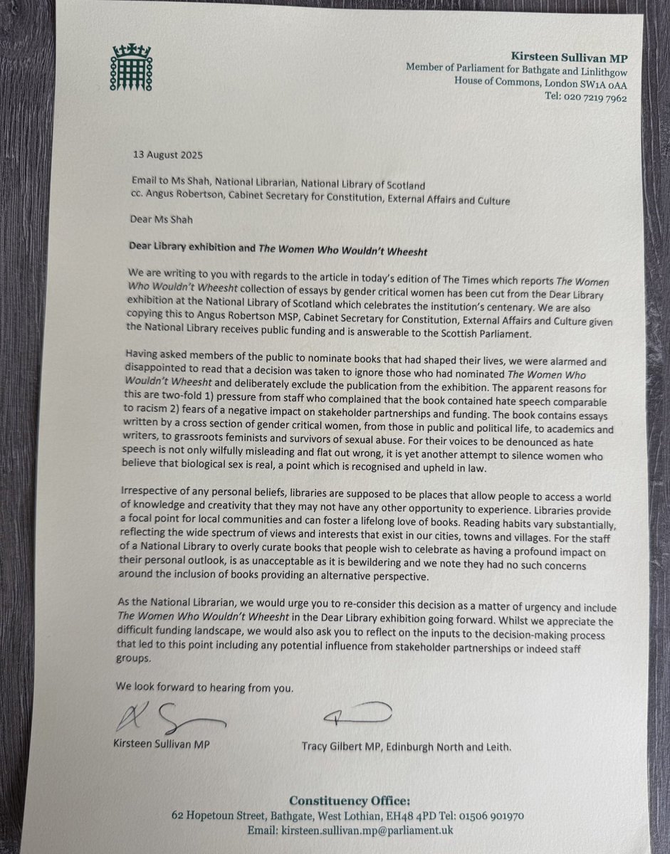 Myself and <a href="/tracygilbert72/">Tracy Gilbert MP</a> have written to the National Librarian with our concerns re the censorship of The Women Who Wouldn’t Wheesht from the Dear Library exhibition. Libraries are places of learning &amp; expression, not for closing down perfectly valid opinions &amp; experiences