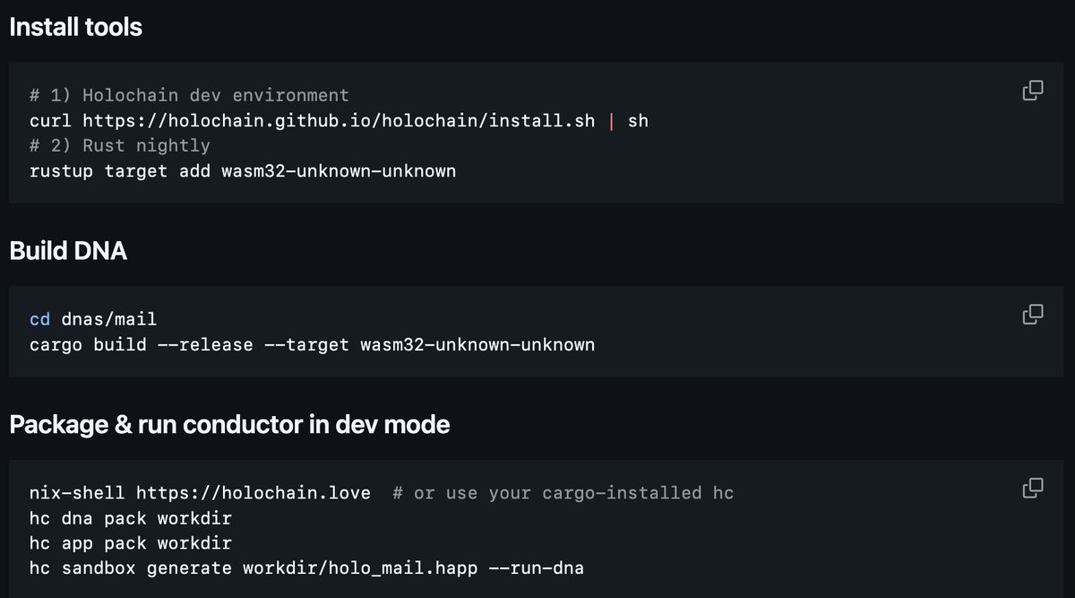 🚀 Kurulum (10 dk)

curl holochain.github.io/holochain/inst… | sh
rustup target add wasm32-unknown-unknown
cd dnas/mail &amp;&amp; cargo build --release --target wasm32-unknown-unknown
hc dna pack workdir
hc app pack workdir
hc sandbox generate workdir/holo_mail.happ --run-dna

ve Mesajlaşmaya başla