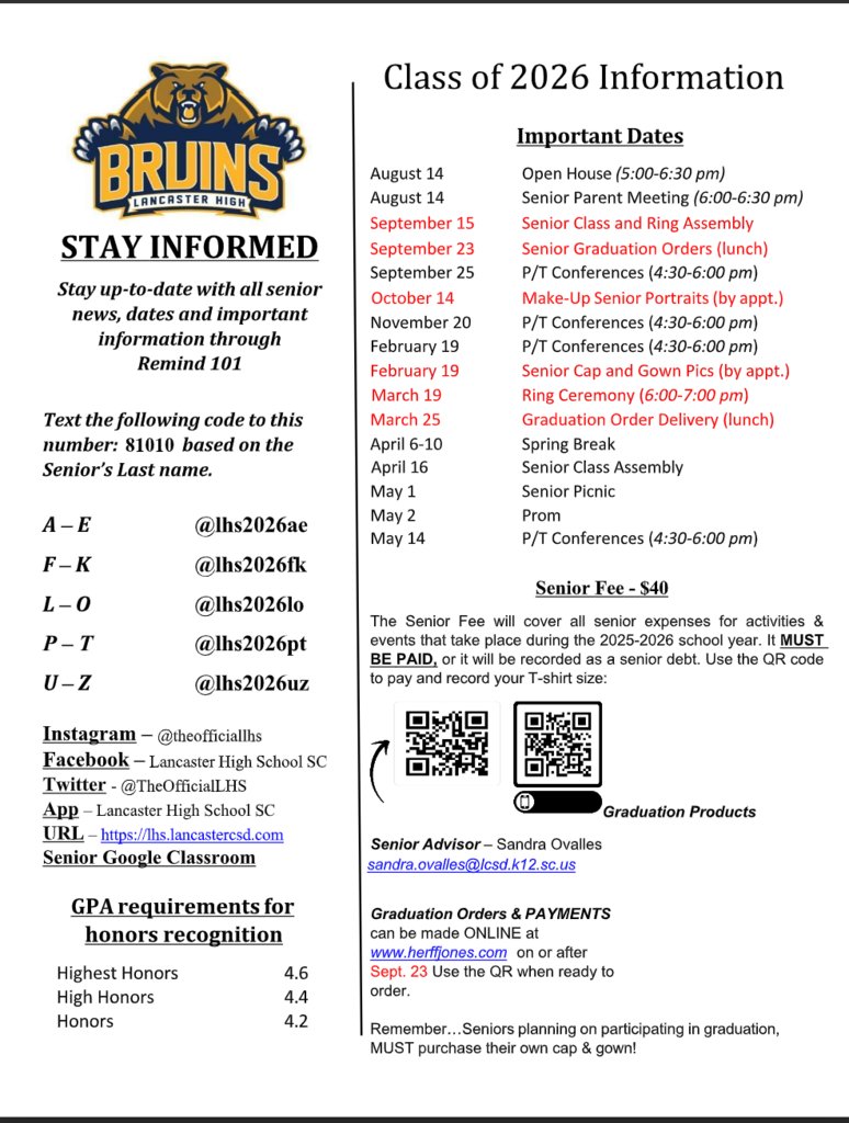 Please see important information from senior advisor Mrs. Ovalles.  Please join us for the senior informational meeting tomorrow at 6PM in the Auditorium during Open House.