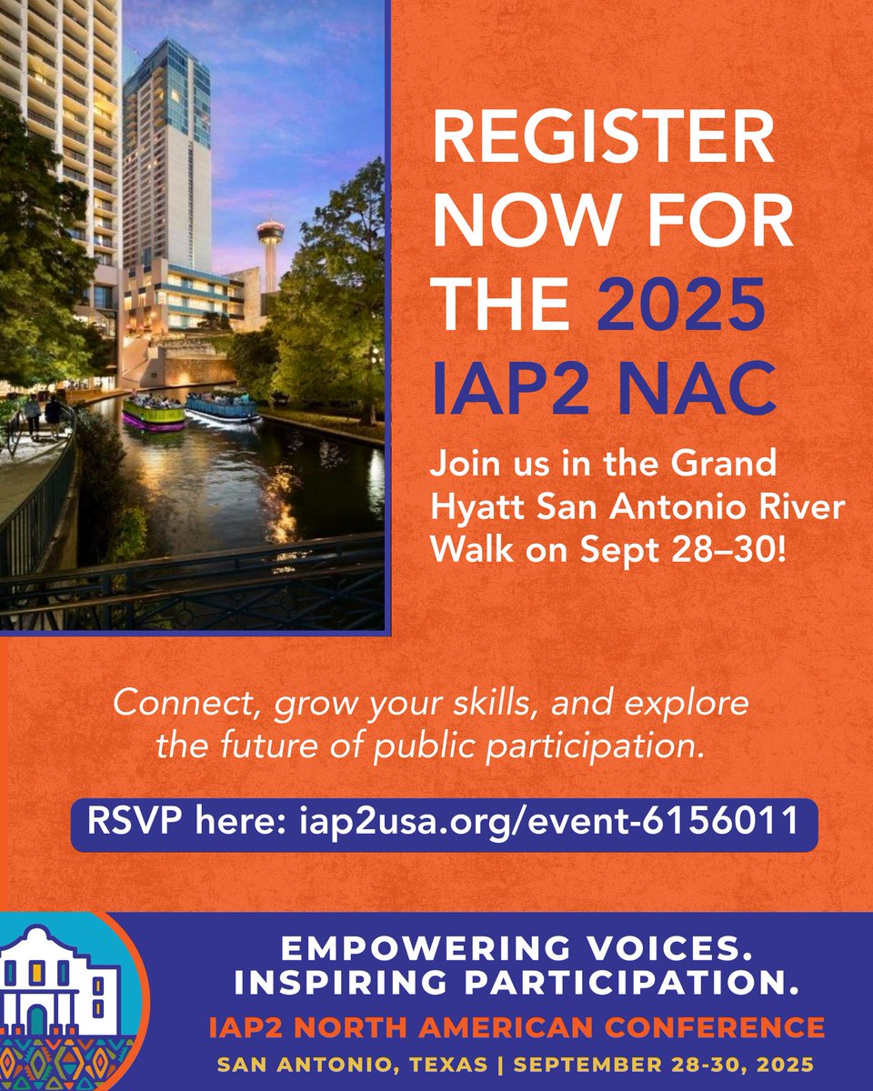We’re heading to San Antonio! ✨

Join us for the IAP2 2025 North American Conference at the Grand Hyatt San Antonio River Walk—steps from the best of downtown.

🔗 Help shape the future of public participation, RSVP now: iap2usa.org/event-6156011