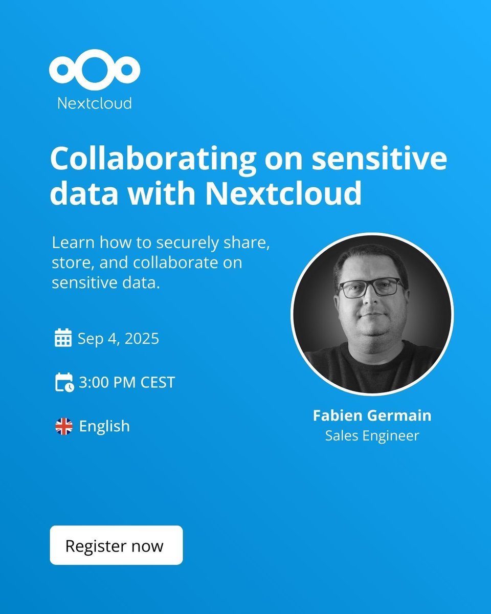 Nextclouders's tweet image. 🔔 Don’t miss upcoming #Nextcloud webinars:

 🇩🇪 Nextcloud Talk vs. Zoom, Aug 20
 🇬🇧 Air-gapped Nextcloud, Aug 21
 🇸🇪 Migrating from Microsoft 365, Aug 28
 🇬🇧 Collaborating on sensitive data, Sep 4

🔗 Register now!

go.nextcloud.com/r/JPvm 

#DataPrivacy #DigitalSovereignty
