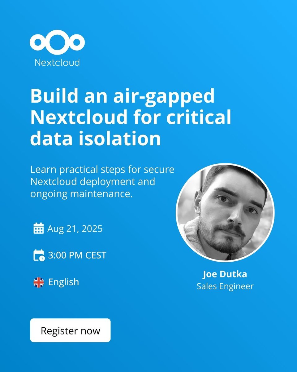 Nextclouders's tweet image. 🔔 Don’t miss upcoming #Nextcloud webinars:

 🇩🇪 Nextcloud Talk vs. Zoom, Aug 20
 🇬🇧 Air-gapped Nextcloud, Aug 21
 🇸🇪 Migrating from Microsoft 365, Aug 28
 🇬🇧 Collaborating on sensitive data, Sep 4

🔗 Register now!

go.nextcloud.com/r/JPvm 

#DataPrivacy #DigitalSovereignty