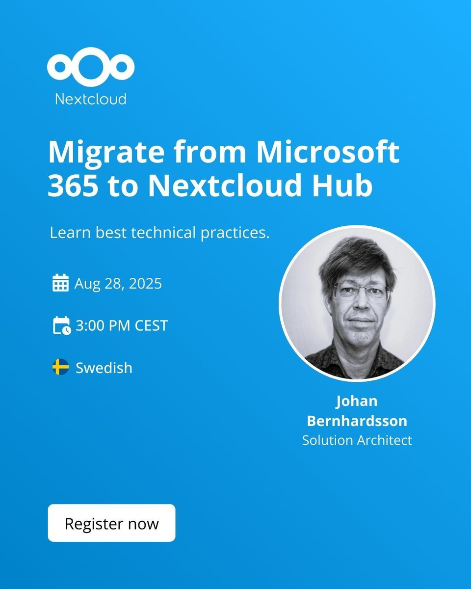 Nextclouders's tweet image. 🔔 Don’t miss upcoming #Nextcloud webinars:

 🇩🇪 Nextcloud Talk vs. Zoom, Aug 20
 🇬🇧 Air-gapped Nextcloud, Aug 21
 🇸🇪 Migrating from Microsoft 365, Aug 28
 🇬🇧 Collaborating on sensitive data, Sep 4

🔗 Register now!

go.nextcloud.com/r/JPvm 

#DataPrivacy #DigitalSovereignty