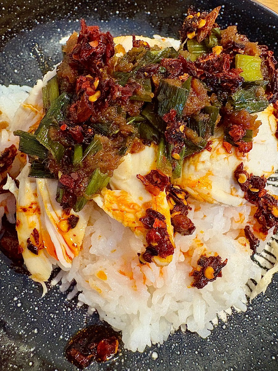 Leftover roast chicken with rice, spring onion + ginger sauce and chilli oil