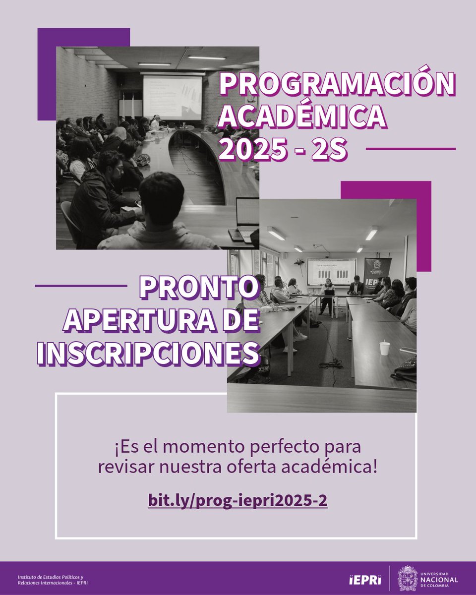 📚 ¡Atención estudiantes UNAL! Se acercan las inscripciones 2025-2S 🗓️. Revisa ya la oferta académica que ofrece el IEPRI y organiza tu semestre con tiempo ⏳.
🔗 bit.ly/prog-iepri2025…
#UNAL #IEPRI #OfertaAcadémica