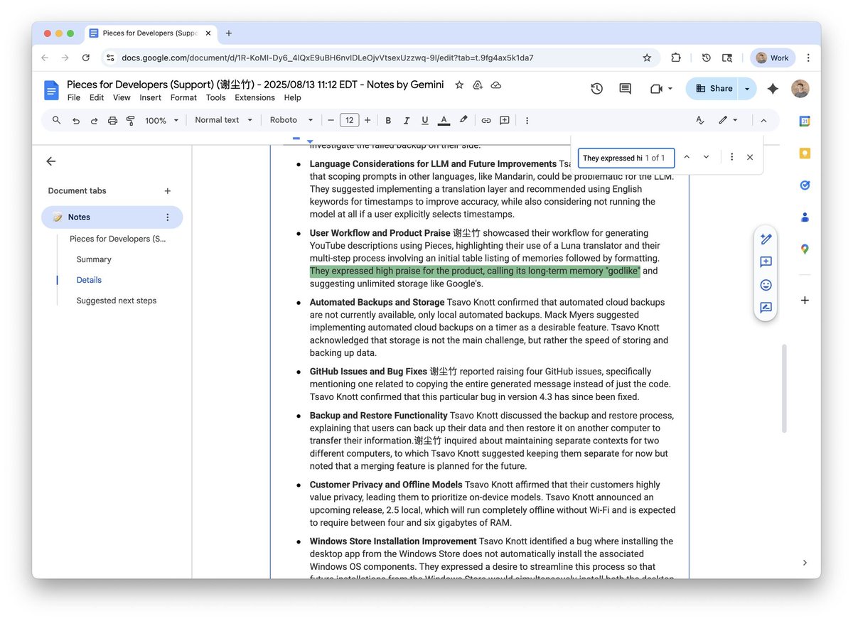 The feedback loop is everything.

1. Spend 6 weeks heads-down, ship a relatively low-key update over the weekend.
2. Jump a on support call with a user
3. Hear them say it's "godlike."

Moments like these make all the hard work worth it.

#UserLove <a href="/getpieces/">Pieces</a>