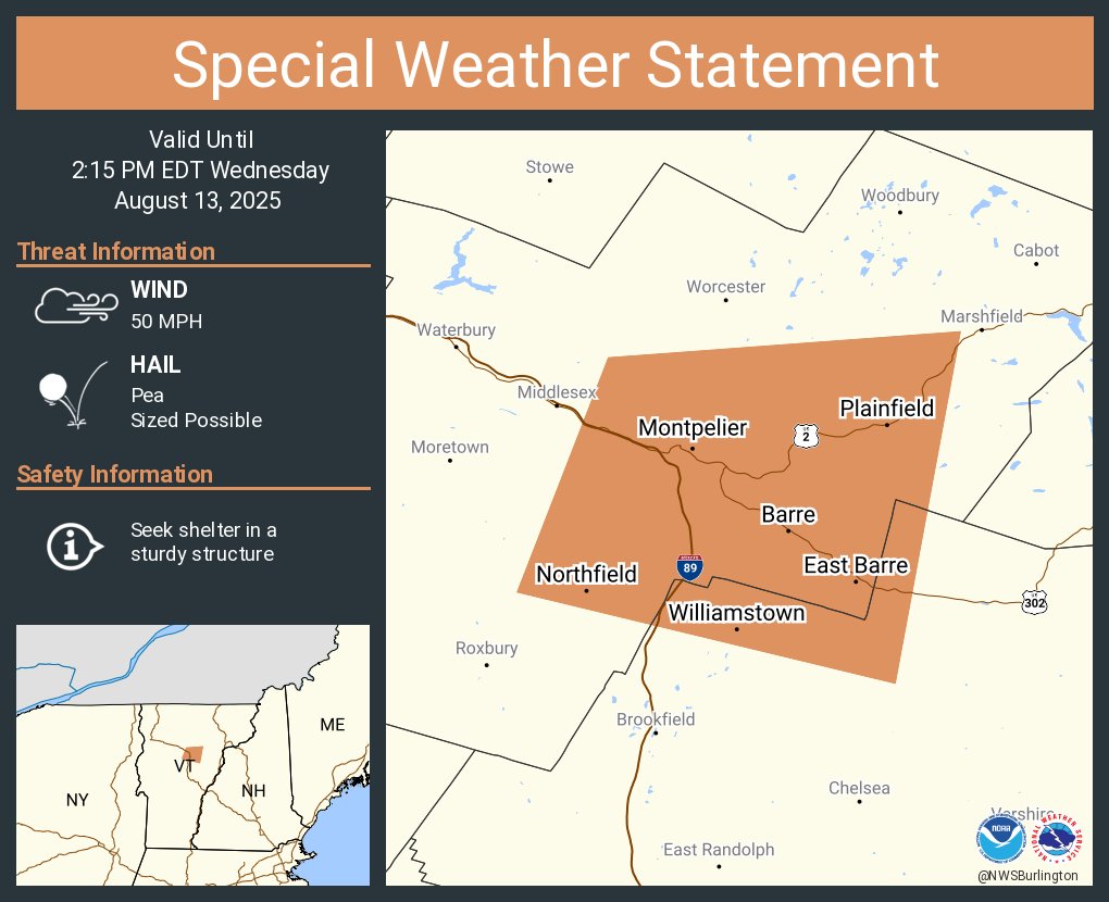 A special weather statement has been issued for Barre VT, Montpelier VT and  Northfield VT until 2:15 PM EDT