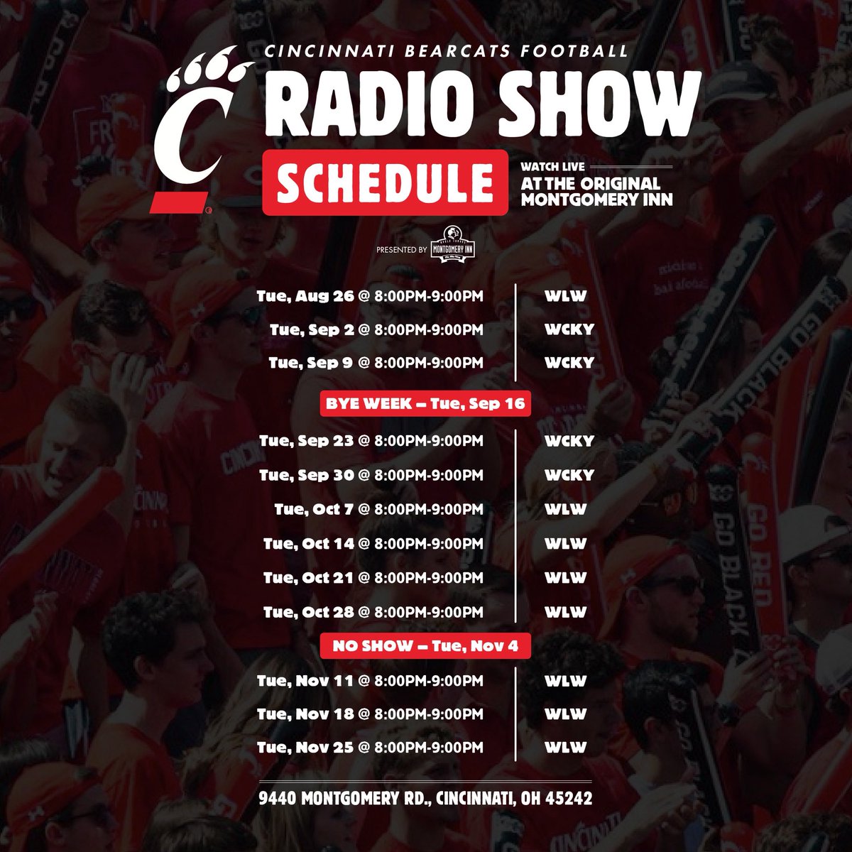 Montgomery Inn (@montgomeryinn_) on Twitter photo In less than two weeks the <a href="/GoBEARCATS/">Cincinnati Bearcats</a> Radio Show with Coach Scott Satterfield is back at The Original Montgomery Inn!
Hear break downs of last week’s game and preview the upcoming matchup, all in front of a live audience of Bearcats fans.
Join us at Montgomeryinn.com In less than two weeks the <a href="/GoBEARCATS/">Cincinnati Bearcats</a> Radio Show with Coach Scott Satterfield is back at The Original Montgomery Inn!
Hear break downs of last week’s game and preview the upcoming matchup, all in front of a live audience of Bearcats fans.
Join us at Montgomeryinn.com