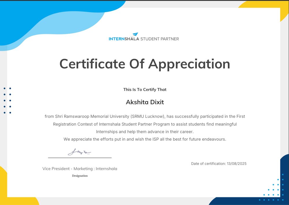 AkshitaDixit_15's tweet photo. Thrilled to receive a Certificate of Appreciation from @Internshala Student Partner Program for participating in the First Registration Contest from SRMU Lucknow! 🌟
#Internshala #SRMU #Certificate #CareerGrowth #StudentPartner https://t.co/cRuE6kGJ1U