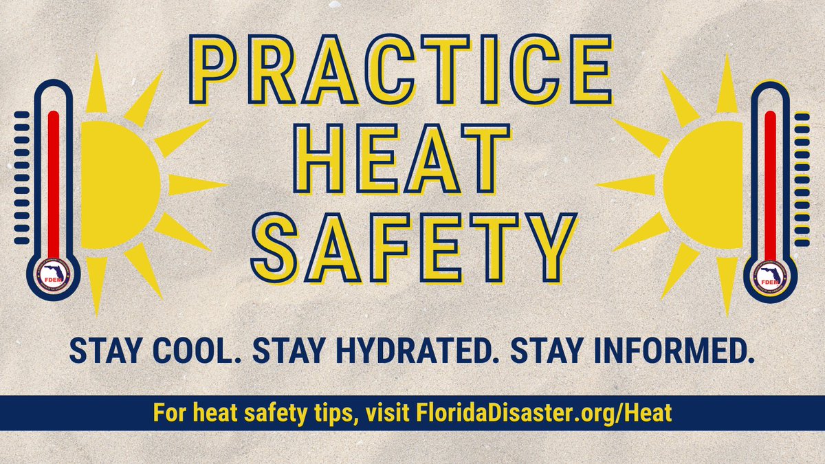 FLSERT's tweet photo. ☀️ Triple-digit "feels-like" temperatures return statewide through the remainder of the week.

Practice the following heat safety tips:
🚰 Drink water consistently
🌦️ Check your local forecast & plan ahead  
🏃‍♂️ Limit strenuous outdoor activities
🚘 Look before you lock

Visit https://t.co/XFwTCTjrA4 & stay 🆒 Florida!