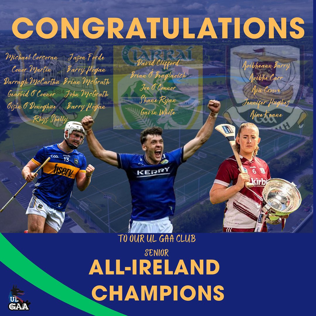 ul_gaa's tweet photo. As the dust settles on an incredible 2025 intercounty season, all at UL GAA Club would like to congratulate our club players, both past and present, who brought home Senior All-Ireland titles with their counties over the last four weekends!

#ULGAA #BelongToThePack 🐺 https://t.co/xv66TYuook