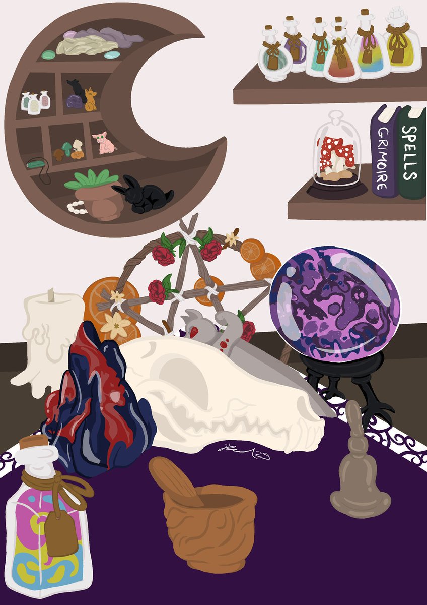 Creative_Bloss's tweet image. Day 9: An Altar :3 Lizzy’s altar - she does decorate for special occasions and adds the specific gods she talks to as well :3 
#CBwitchchallenge #Artchallenge #Witchsona #illustration #digitalart #altar #witchyaltar