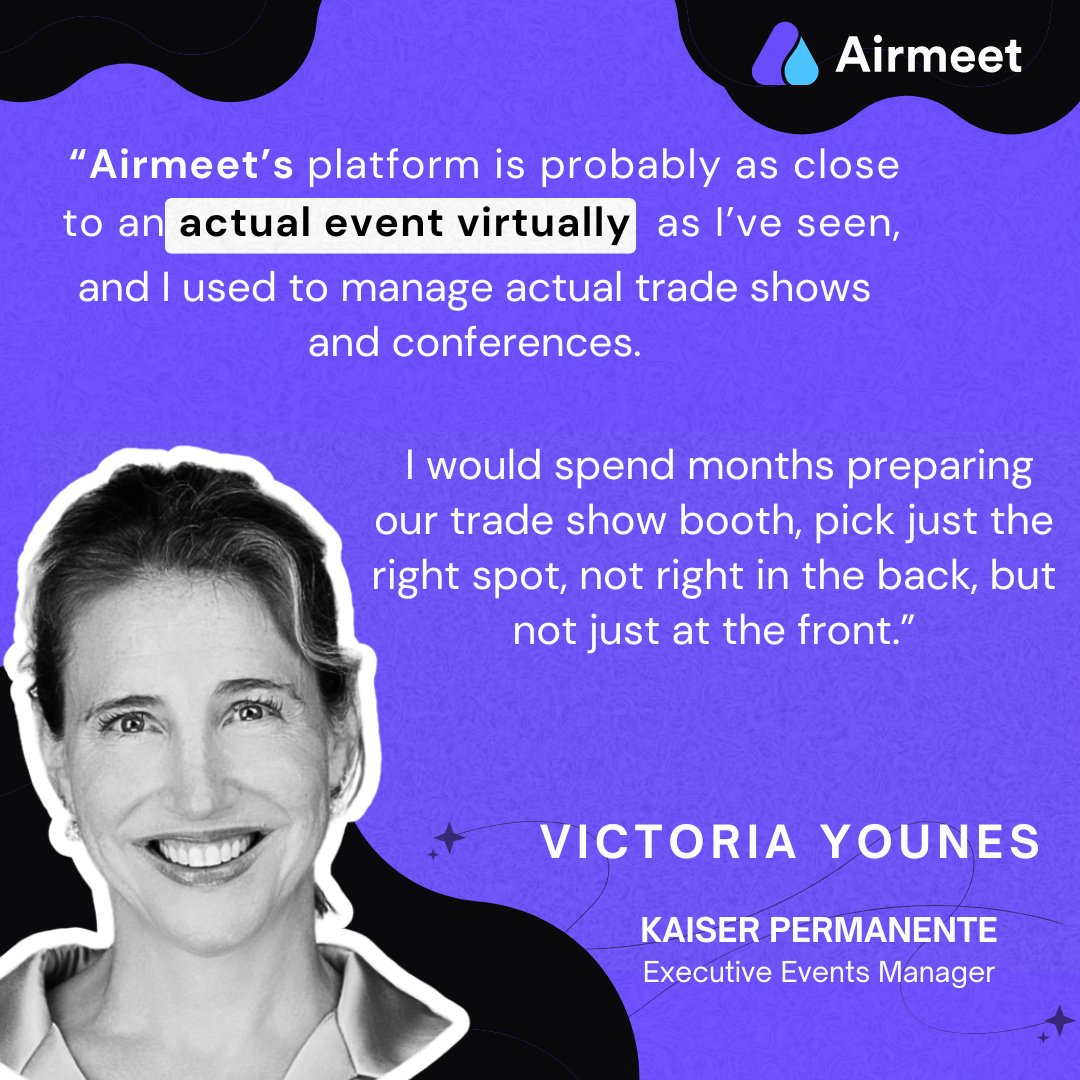 Airmeet's tweet photo. 🎪 “As close to an actual event virtually as I’ve seen.”
Victoria from Kaiser Permanente compares Airmeet to a real trade show — booth placement, experience, everything.

And she’s managed a lot of them.

#VirtualEvents #EventPro https://t.co/MflJGyyWYf