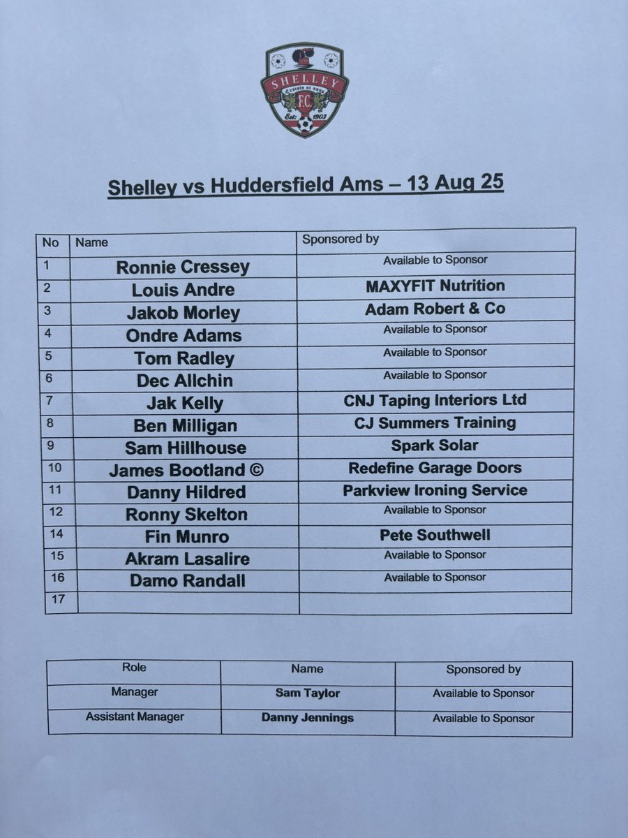 Tonight’s squad to face Huddersfield Amateurs. 

#WestYorkshireLeague