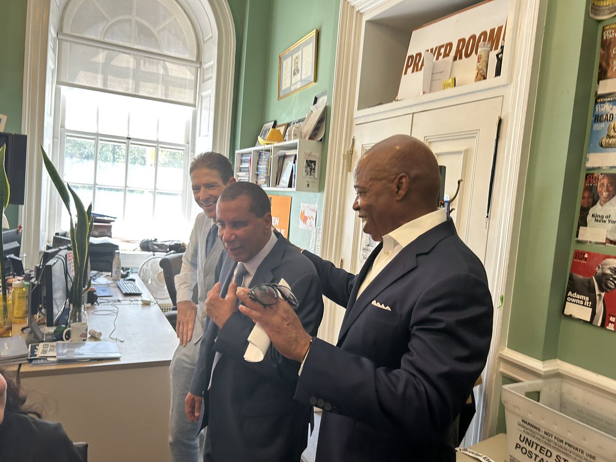 Chris Sommerfeldt (@c_sommerfeldt) on Twitter photo Stopping by the City Hall press room for the first time in quite a while, Mayor Adams remarked that a photo on the wall from his inauguration is one of his "favorite pictures."
<a href="/JCColtin/">Jeff Coltin</a> noted a lot of people in that pic have landed in legal trouble. "That's life," he replied. Stopping by the City Hall press room for the first time in quite a while, Mayor Adams remarked that a photo on the wall from his inauguration is one of his "favorite pictures."
<a href="/JCColtin/">Jeff Coltin</a> noted a lot of people in that pic have landed in legal trouble. "That's life," he replied.