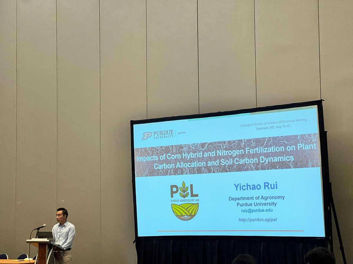 PurdueAgroeco's tweet photo. This week, our PI,  @YichaoRui_PAL , gave an invited talk at the Ecological Society of America (ESA)  Annual Meeting in Baltimore, showcasing some of the exciting ongoing  research happening across our lab!

#PurdueAgroecologyLab #PurdueAg #ESA2025 https://t.co/M0xbwR5i6U