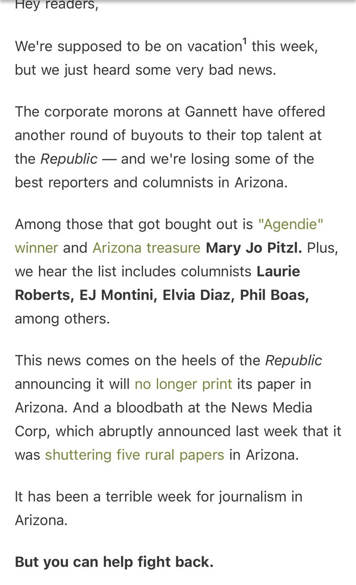 Jen Fifield (@jenafifield) on Twitter photo I’m all torn up reading this, from <a href="/arizonaagenda/">Arizona Agenda</a>. What will the Republic be without the great <a href="/maryjpitzl/">Mary Jo Pitzl</a> and its columnists. Thinking of all my journalism friends this week at the Republic and elsewhere. And our community. I’m all torn up reading this, from <a href="/arizonaagenda/">Arizona Agenda</a>. What will the Republic be without the great <a href="/maryjpitzl/">Mary Jo Pitzl</a> and its columnists. Thinking of all my journalism friends this week at the Republic and elsewhere. And our community.