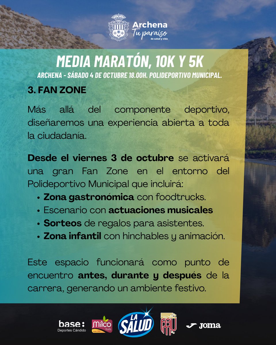 🏃‍♀️✨ ¡Archena se prepara para correr!

El 4 de octubre llega la Media Maratón, 10K y 5K 🏅
Tres distancias, un mismo objetivo: disfrutar del deporte y nuestras calles.

📅 Fecha: 4 de octubre
📍 Lugar: Archena
🖊 Inscripciones: alcanzatumeta.es/iii-media-mara…

💥 ¿Vas a por la media, te