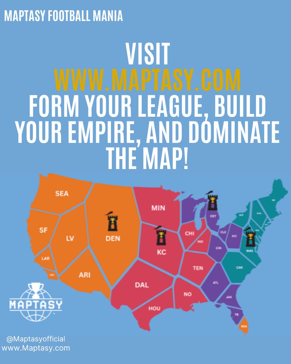 MaptasyOfficial's tweet photo. Fantasy football fans, there's a new game in town!  It's Maptasy Football Mania - College and Pro fantasy football with board-game strategy.  Team territories on a map.  Build your Empire.  Go to battle on game day and conquer your opponents.  Win The Map.  Win Your League! https://t.co/4mXVVePqX6