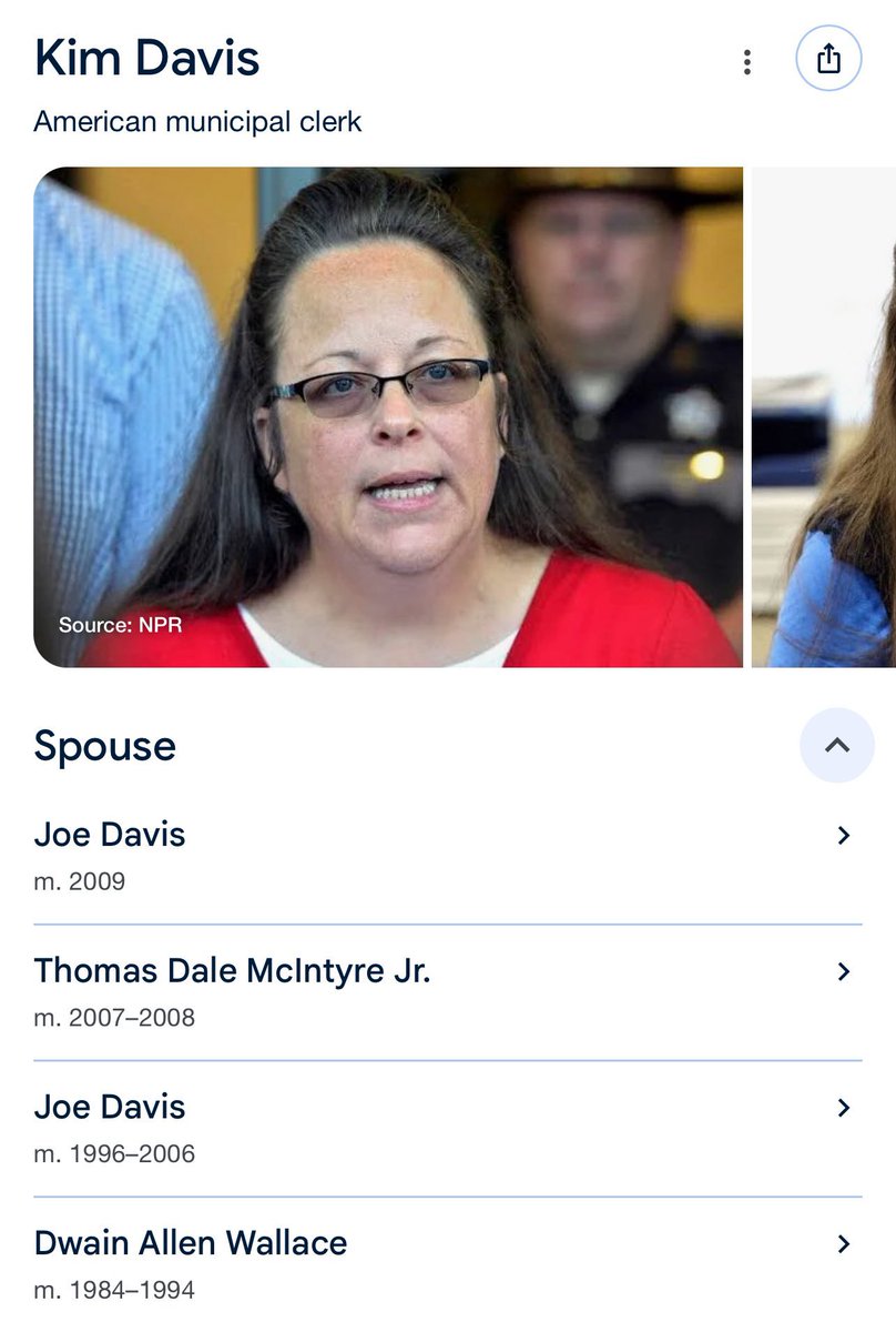 NotHoodlum's tweet image. Kim Davis, who filed to overturn gay marriage, believes in the sanctity of marriage — and that it should be between one woman and her four husbands.