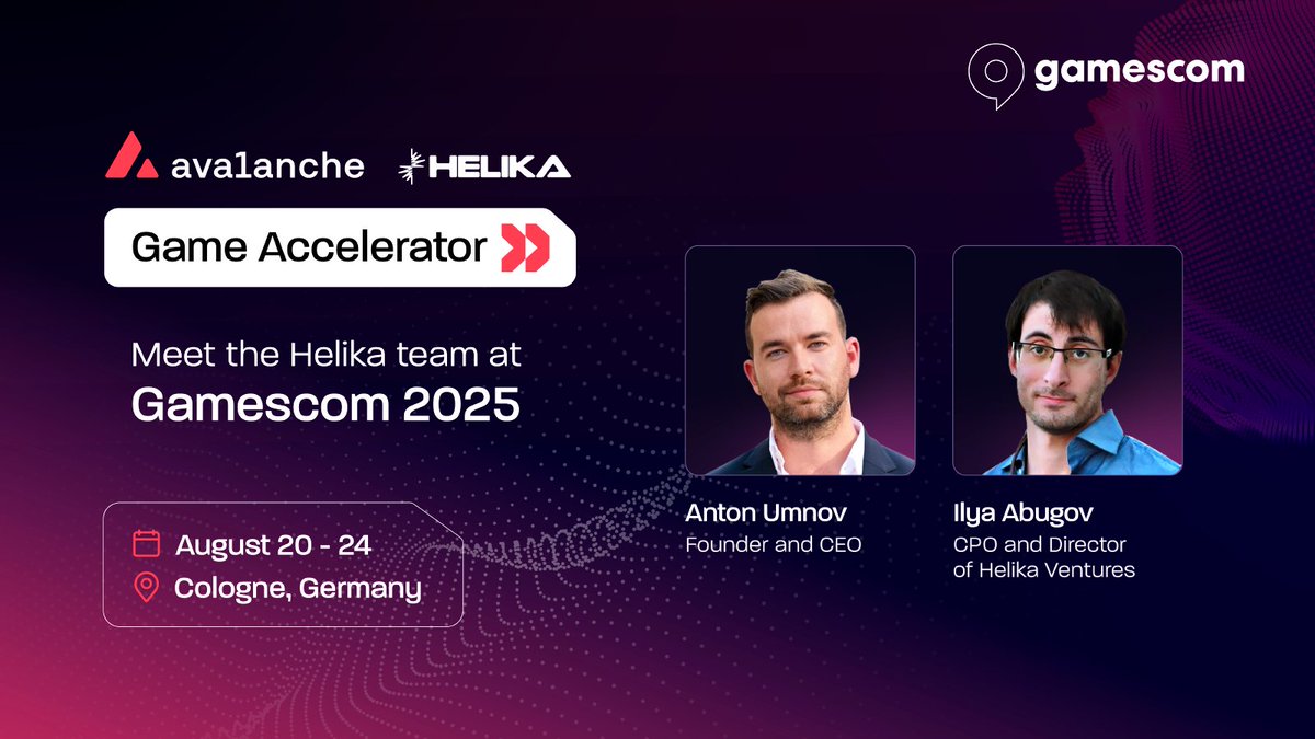 HELIKA (@helikagaming) on Twitter photo Helika is heading to <a href="/gamescom/">gamescom</a> 2025! 🎮🚀
Our Founder & CEO Anton Umnov <a href="/BHelika/">Anton Umnov | Founder & CEO at Helika</a> and CPO & Helika Ventures Director Ilya Abugov <a href="/AbugovIlya/">Ilya Abugov - Helika 🔜 Devcom 🔜 Gamescom</a> will be in Cologne August 20–24, meeting developers, publishers, and partners.
Whether you’re curious about the Helika x Avalanche Game Helika is heading to <a href="/gamescom/">gamescom</a> 2025! 🎮🚀
Our Founder & CEO Anton Umnov <a href="/BHelika/">Anton Umnov | Founder & CEO at Helika</a> and CPO & Helika Ventures Director Ilya Abugov <a href="/AbugovIlya/">Ilya Abugov - Helika 🔜 Devcom 🔜 Gamescom</a> will be in Cologne August 20–24, meeting developers, publishers, and partners.
Whether you’re curious about the Helika x Avalanche Game