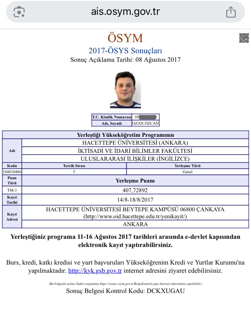 Hacettepe Üniversitesinin bana verdiği RESMİ yanıt ve 2017 üniversite yerleştirme belgemin net halleri: