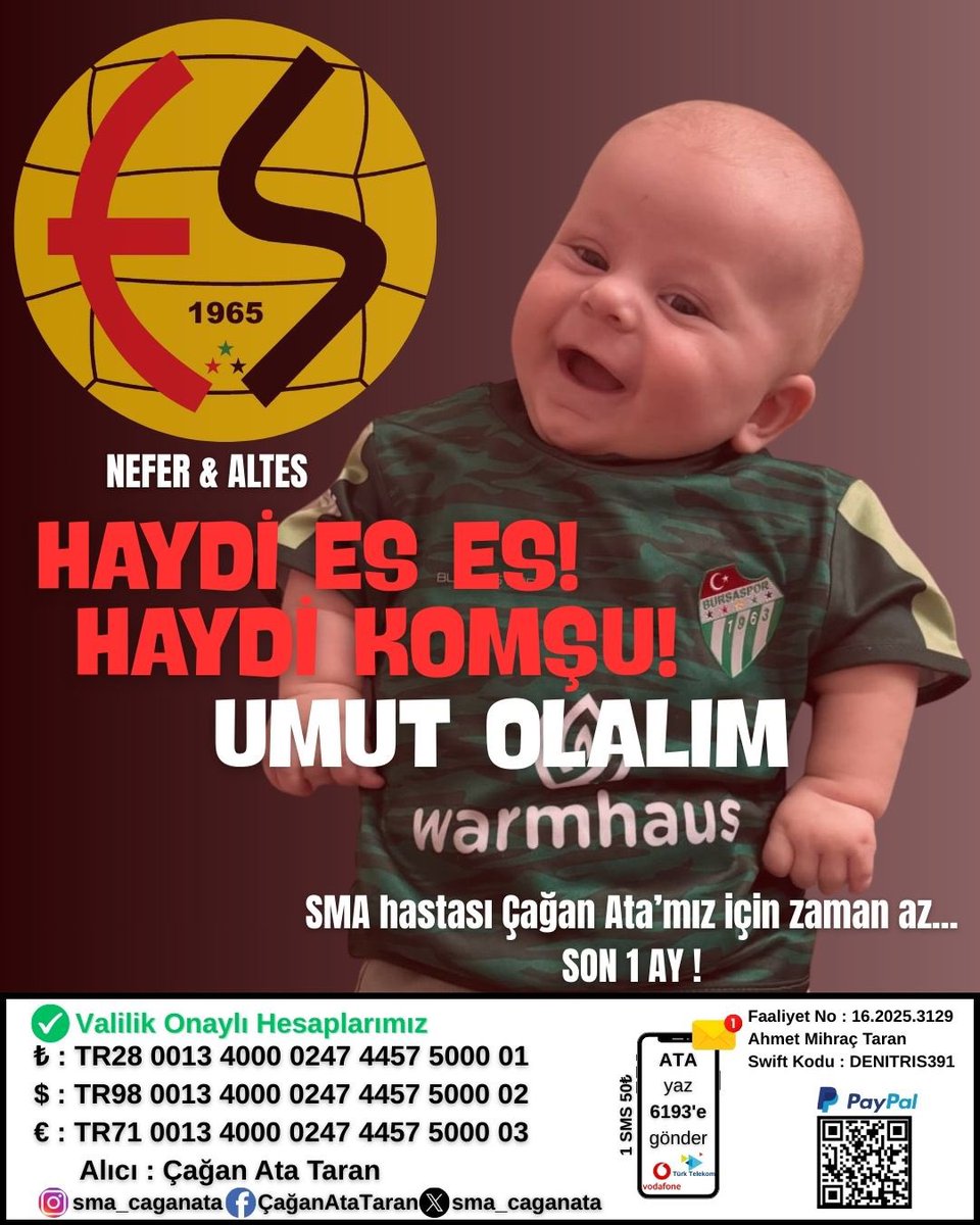 Çağan Ata’nın umudu biziz! ❤️

Minik kardeşimiz Çağan Ata, SMA ile yaşam mücadelesi veriyor. Onun tek şansı olan tedaviye ulaşabilmesi için hepimizin desteğine ihtiyacı var.

• Maç günü tribünde kurulacak kumbaraya bağış yapabilirsiniz.

• Fotoğraftaki IBAN üzerinden de