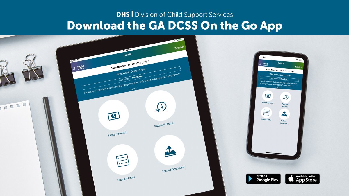 This Child Support Awareness Month, stay in control of your child support case with the DCSS On the Go app! Easily track updates and make payments on the go. Download on Apple &amp; Android devices at childsupport.georgia.gov/download-dcss-….