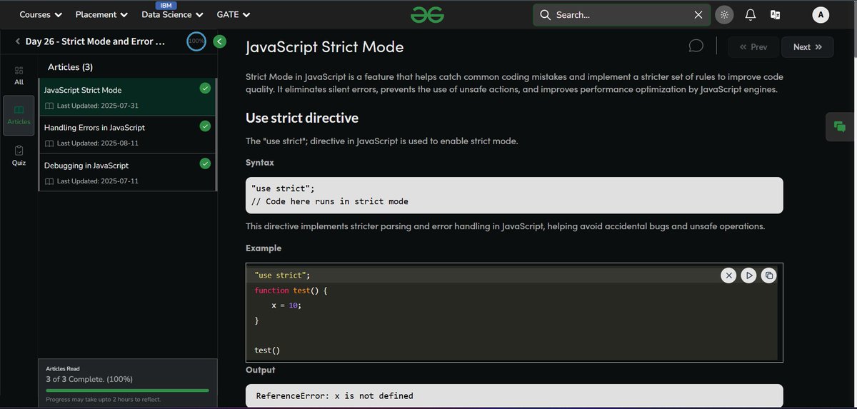 arup_jy's tweet photo. 📅 Day 26 with @geeksforgeeks 
Discovered "use strict"; in JavaScript — catches silent errors &amp; stops unsafe actions.

https://t.co/RPHeJpRDbY

#nationskillup #gfgnationskillup #skillupwithgfg #gfg #geeksforgeeks #freeresources  #codinglife https://t.co/RWQdhD0hVs