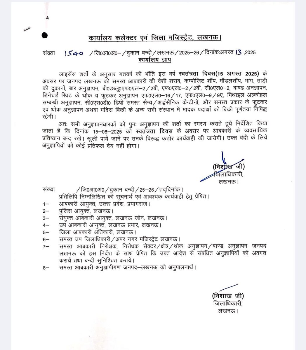 #राजधानी_लखनऊ में स्वतंत्रता दिवस के शुभ अवसर पर हर वर्ष की भांति इस बार भी सभी शराब की दुकान वा मादक पदार्थों की बिक्री रहेगी पूरी तरीके से बंद!!

लखनऊ <a href="/AdminLKO/">DM Lucknow</a> विशाख जी का सख्त निर्देश खुली पाए जाने पर होगी सख्त कार्रवाई!!