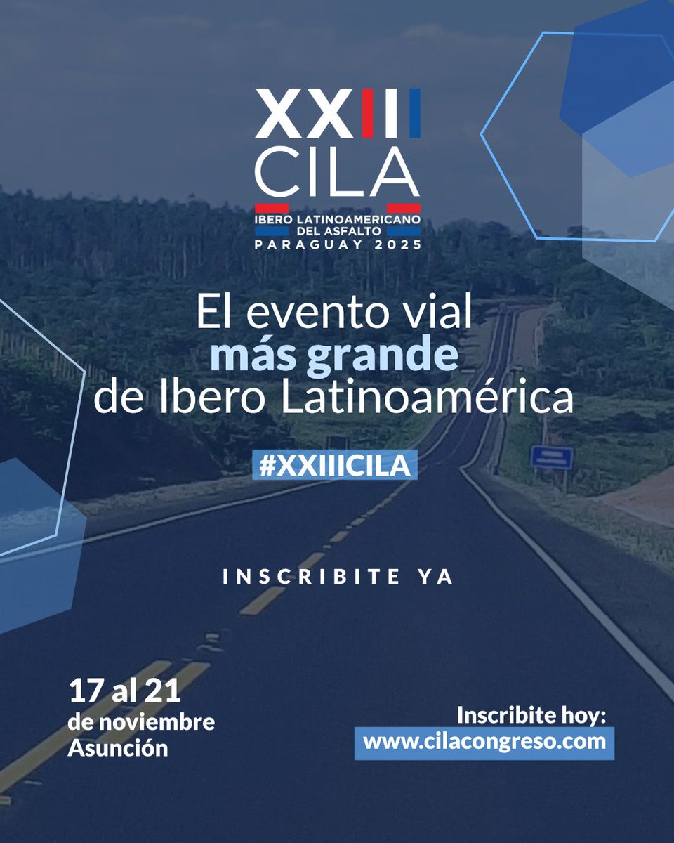 ¡No te pierdas el mayor evento de asfalto de Ibero-Latinoamérica!
Del 17 al 21 de noviembre en Asunción, Paraguay, el XXIII CILA reunirá a expertos, investigadores y autoridades del sector vial en una experiencia única e inolvidable.
Inscríbete hoy : cilacongreso.com
