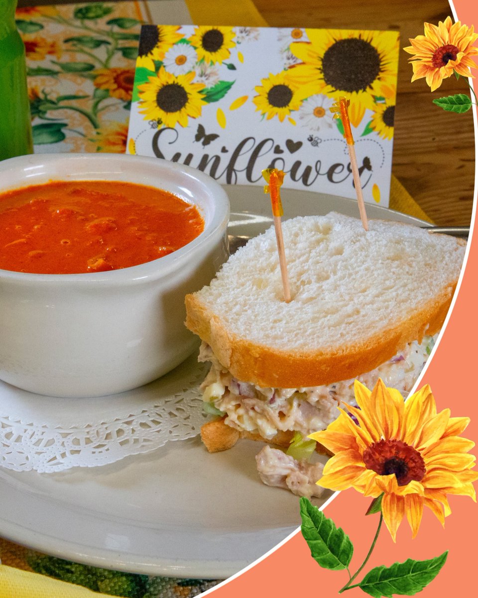 SunflowerCafeTX's tweet photo. Tomato basil soup served with a chicken salad sandwich on fresh bread. https://t.co/iPesi0zh0c