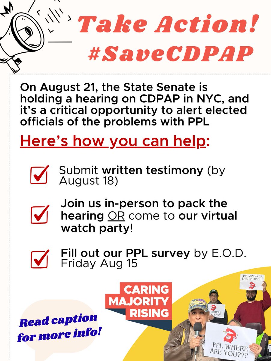 CaringMRising's tweet photo. 🧵 CALLING ON ALL CDPAP CONSUMERS & PERSONAL ASSISTANTS IN NY! Have you had issues with the transition to PPL? We have urgent action items for you to take to help #SaveCDPAP, restore trusted FIs, and hold PPL accountable.
See thread below: https://t.co/wYpZjMk0dC