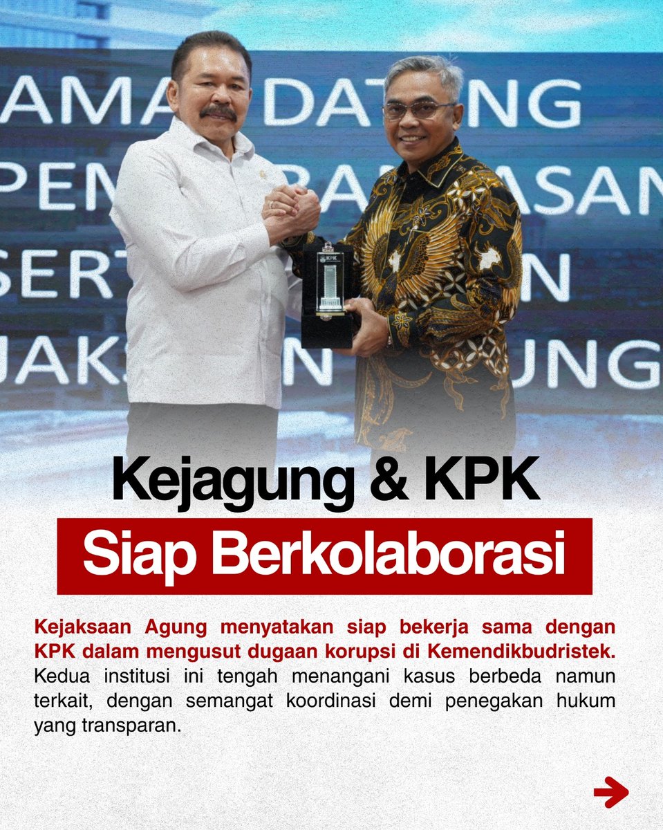 cilikw213's tweet photo. Kejagung dan KPK siap berkolaborasi #kejagung #kpk #kejaksaan #loyalitaskejagung #bagimunegeri https://t.co/eeBc5kYHjl