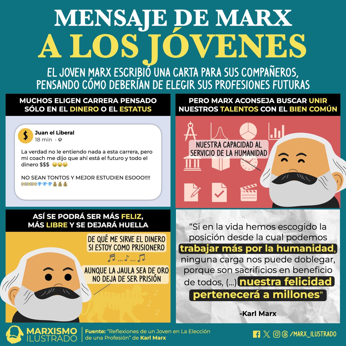 Recordando el reciente Día de la Juventud, ¿qué mensaje les daba Marx a sus compañeros sobre su futuro personal y colectivo? 💬

Debemos actuar pensado en el bien común, por un mundo mejor para la humanidad 🤝✨