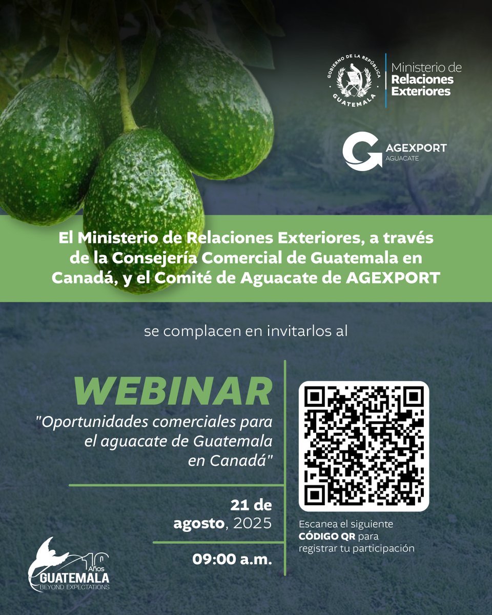 #DiplomaciaComercialGT | El <a href="/MinexGt/">MINEX Guatemala 🇬🇹</a>, a través de la Consejería Comercial de Guatemala en Canadá, y el Comité de Aguacate de <a href="/AGEXPORTGT/">AGEXPORT</a>, le invitan a participar en el webinar
"Oportunidades comerciales para el aguacate de Guatemala en Canadá".🥑

📅 21 de agosto de 2025
🕘 09:00