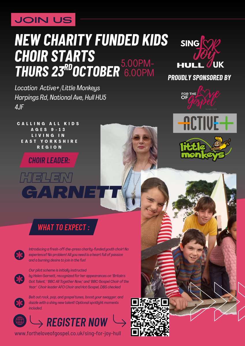 📢 Announcing SING FOR JOY - A brand new charity-funded choir for kids aged 9 to 13 in the Hull area 🎶

SIGN UP NOW TO SECURE YOUR CHILD'S PLACE IN THE PILOT SESSION, THURS OCT 23RD!

fortheloveofgospel.co.uk/sing-for-joy-h…

Please share! 💗

#SingForJoy #Charity #Choir #KidsChoir #Music