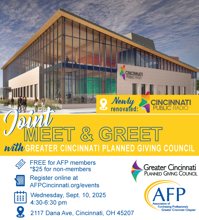 Join fellow AFP members and Greater Cincinnati Planned Giving Council members to network at the newly renovated Cincinnati Public Radio! We encourage you to bring a colleague or a prospective new member!

Link to register: afpcincinnati.org/event/250910-j…
