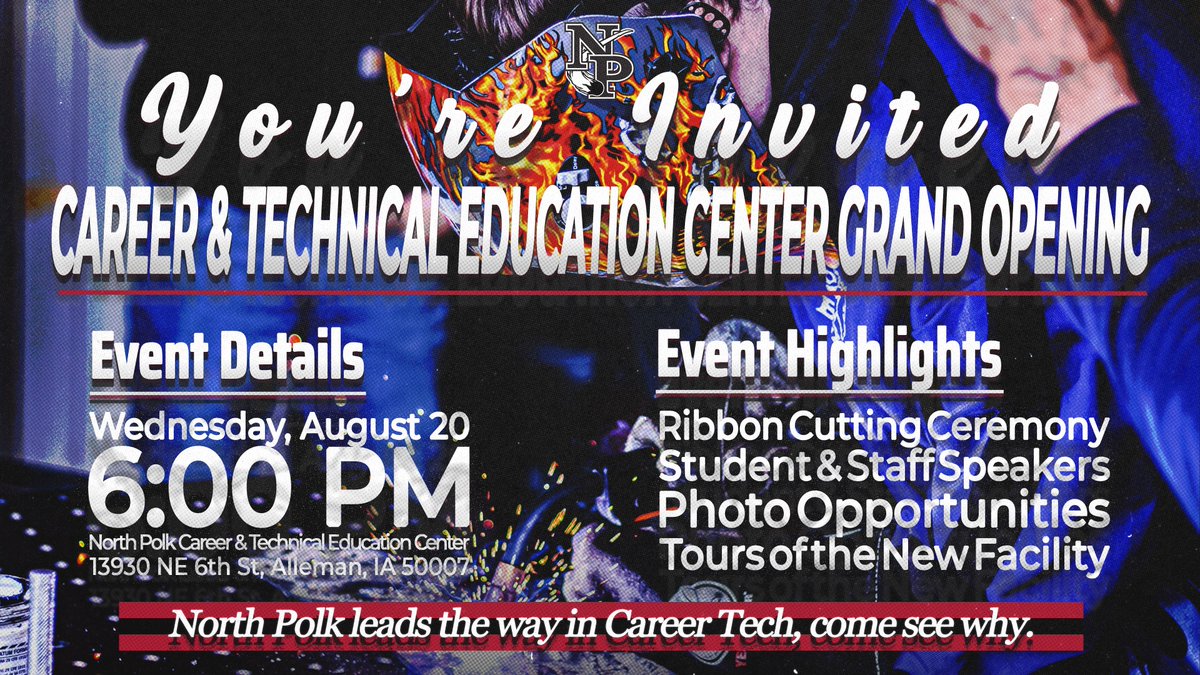 It’s almost time.
🎀 Just one week out: Ribbon Cutting &amp; Grand Opening — 8/20/25 at 6:00 PM ⚙️
See what sets North Polk apart in Career Tech. Tours, celebration, and more!