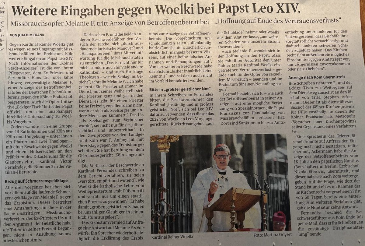 WolfgangFRothe's tweet photo. Neues zur Causa Woelki:

Die Missbrauchsbetroffene Melanie F., die Missbrauchs-Opfer-Initiative "Eckiger Tisch" sowie eine Gruppe von Katholik*innen aus dem Erzbistum Köln haben den Kardinal nun ebenfalls angezeigt.

#Kirche #Katholisch #Deutschland #Köln #Kardinal #Woelki #Papst https://t.co/92eGqii4B5