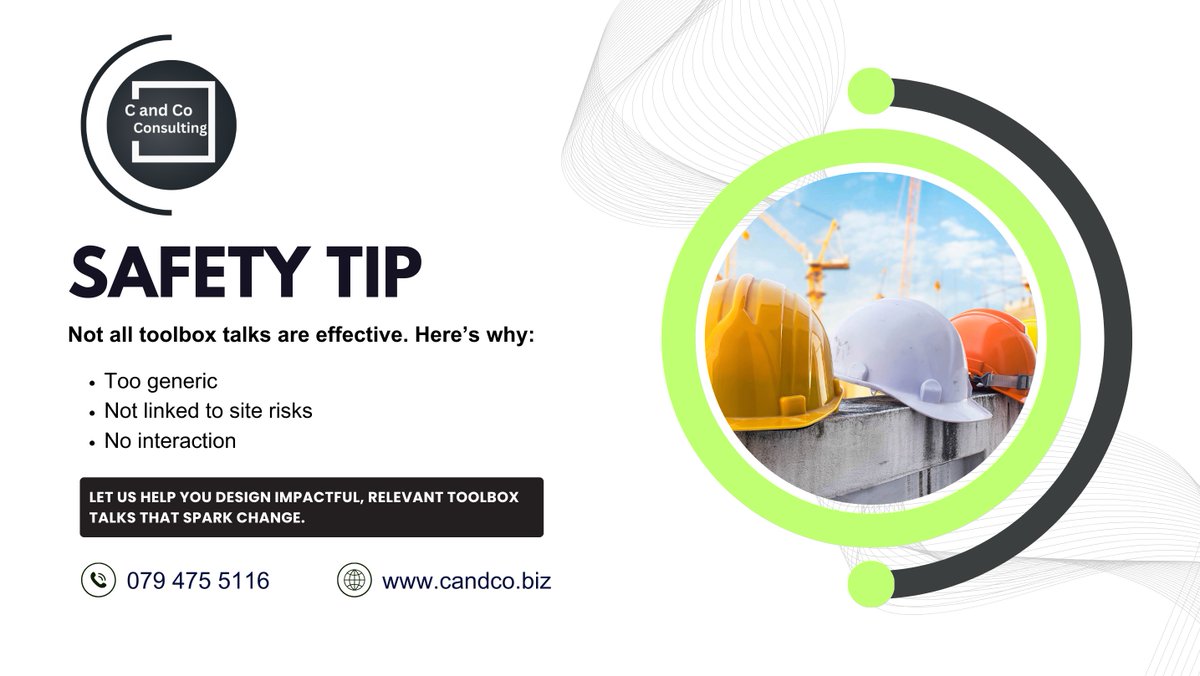 CandCoConsSA's tweet image. 🚫 Not all toolbox talks are effective.
Here’s why:
1️⃣ Too generic
2️⃣ Not linked to site risks
3️⃣ No interaction
Let us help you design impactful, relevant Toolbox Talks that spark change: candco.biz
#ToolboxTalks #SafetyEngagement #CAndCoConsulting