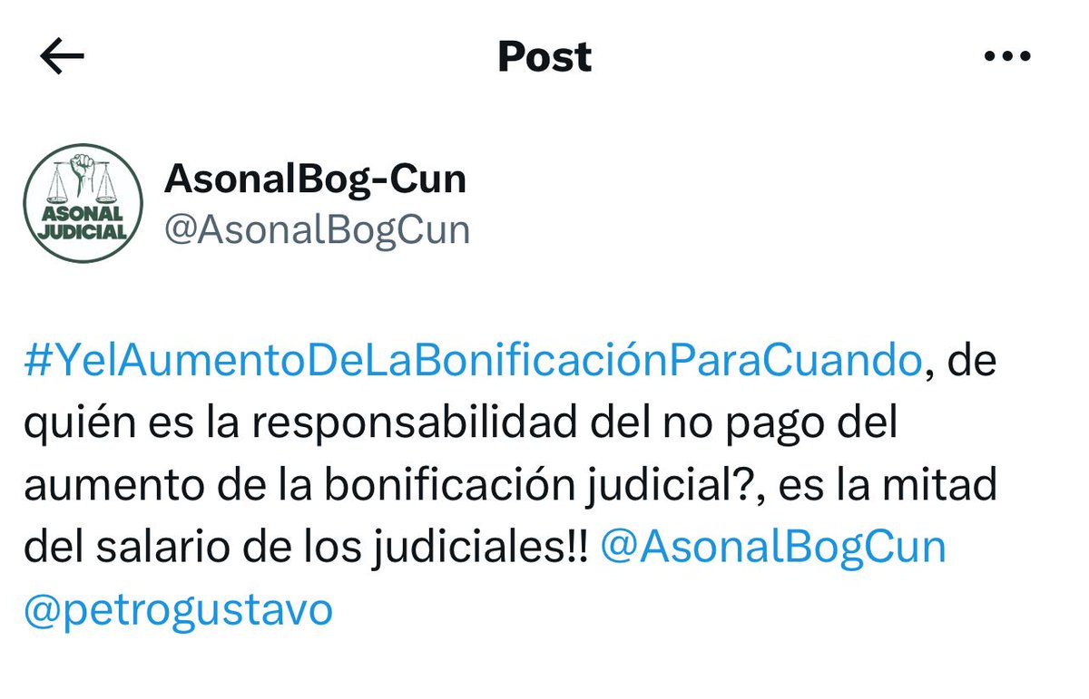 juanlastre1's tweet photo. #PetroPagueLaBonificacionJudicial es la movilización de funcionarios de la rama judicial exigiendo a @petrogustavo que cumpla lo pactado. #Solidaridad con los servidores judiciales en su justo reclamo. @AsonalJudicial @asonalprensa @leoz_XXI @labibisierra @diogenesorjuela https://t.co/rHVrsFhmq2