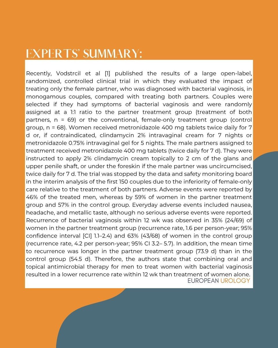 EUplatinum's tweet photo. ๐ #WordsOfWisdomWednesday
New RCT: Treating both partners reduces #BV recurrence by nearly half (35% vs 63%).
๐ Supports viewing BV as a sexually transmitted dysbiosis.
๐ง Expert insights in European Urology by Vรกsquez Hernรกndez et al.
#Urology #WomensHealth #STI #EUTweets https://t.co/wR61lV7v5E