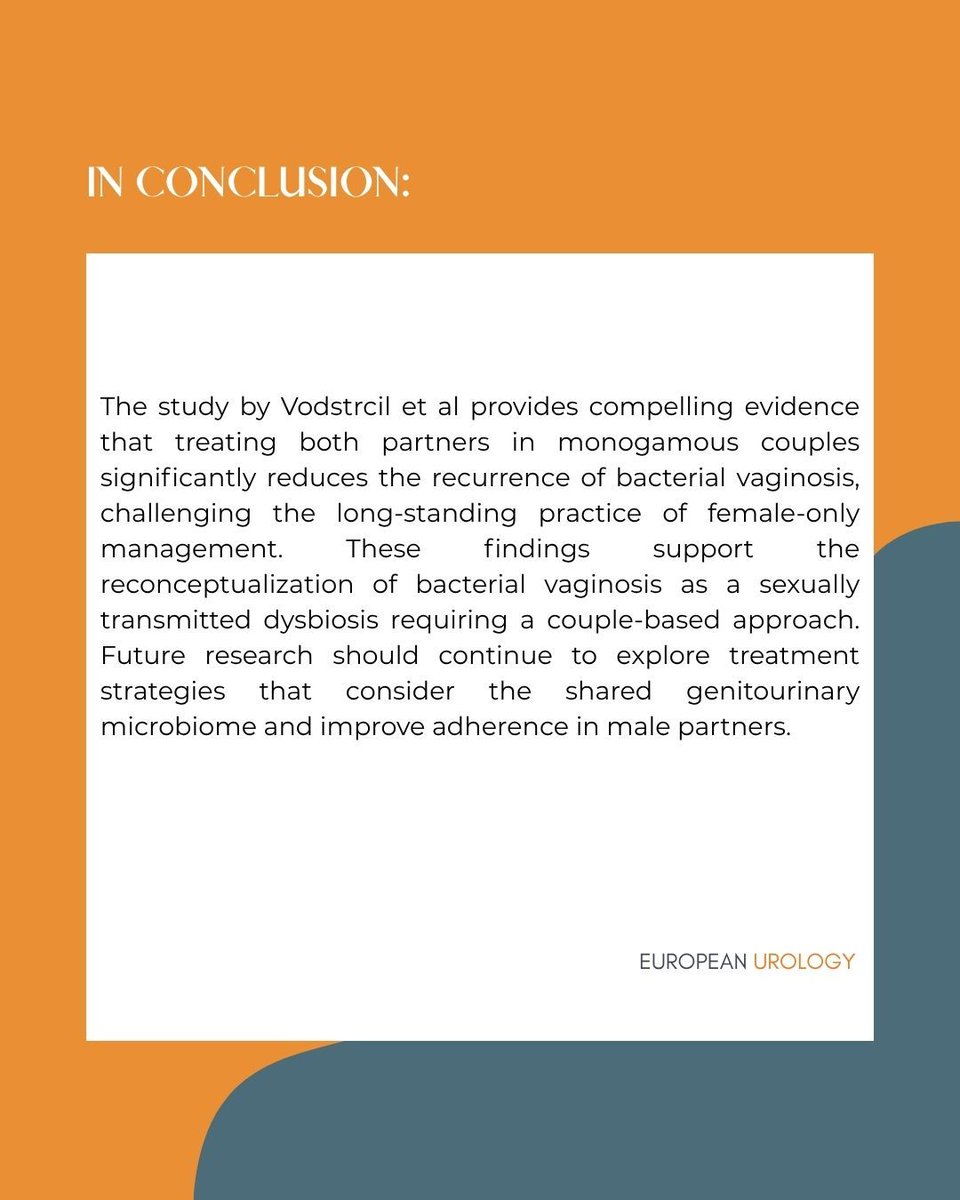 EUplatinum's tweet photo. ๐ #WordsOfWisdomWednesday
New RCT: Treating both partners reduces #BV recurrence by nearly half (35% vs 63%).
๐ Supports viewing BV as a sexually transmitted dysbiosis.
๐ง Expert insights in European Urology by Vรกsquez Hernรกndez et al.
#Urology #WomensHealth #STI #EUTweets https://t.co/wR61lV7v5E