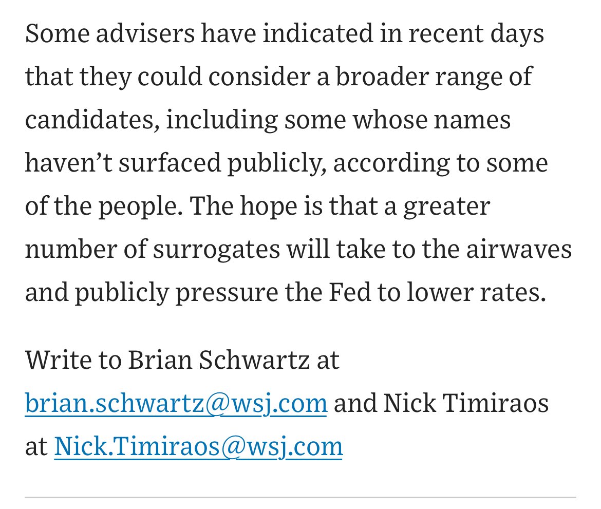 A few weeks ago, the WSJ reported how advisers to Trump indicated a larger  field of Fed candidates would become public. “The hope is that a greater  number of surrogates will take