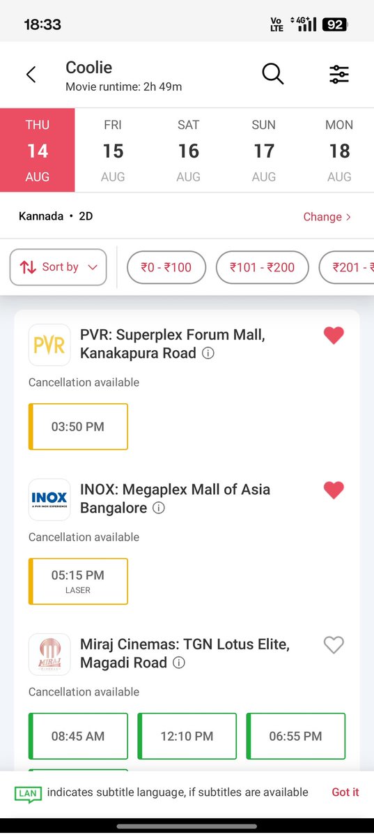 34 shows have been allocated for the #Coolie Kannada version in Bengaluru, out of which 6 shows are FF . Early good signs.🤘
If the movie gets good reviews, we will be witnessing the first 10Cr club for dubbed version.

 #Dubbinginkannada #kfi 
#KannadaDubbing #CoolieKannada
