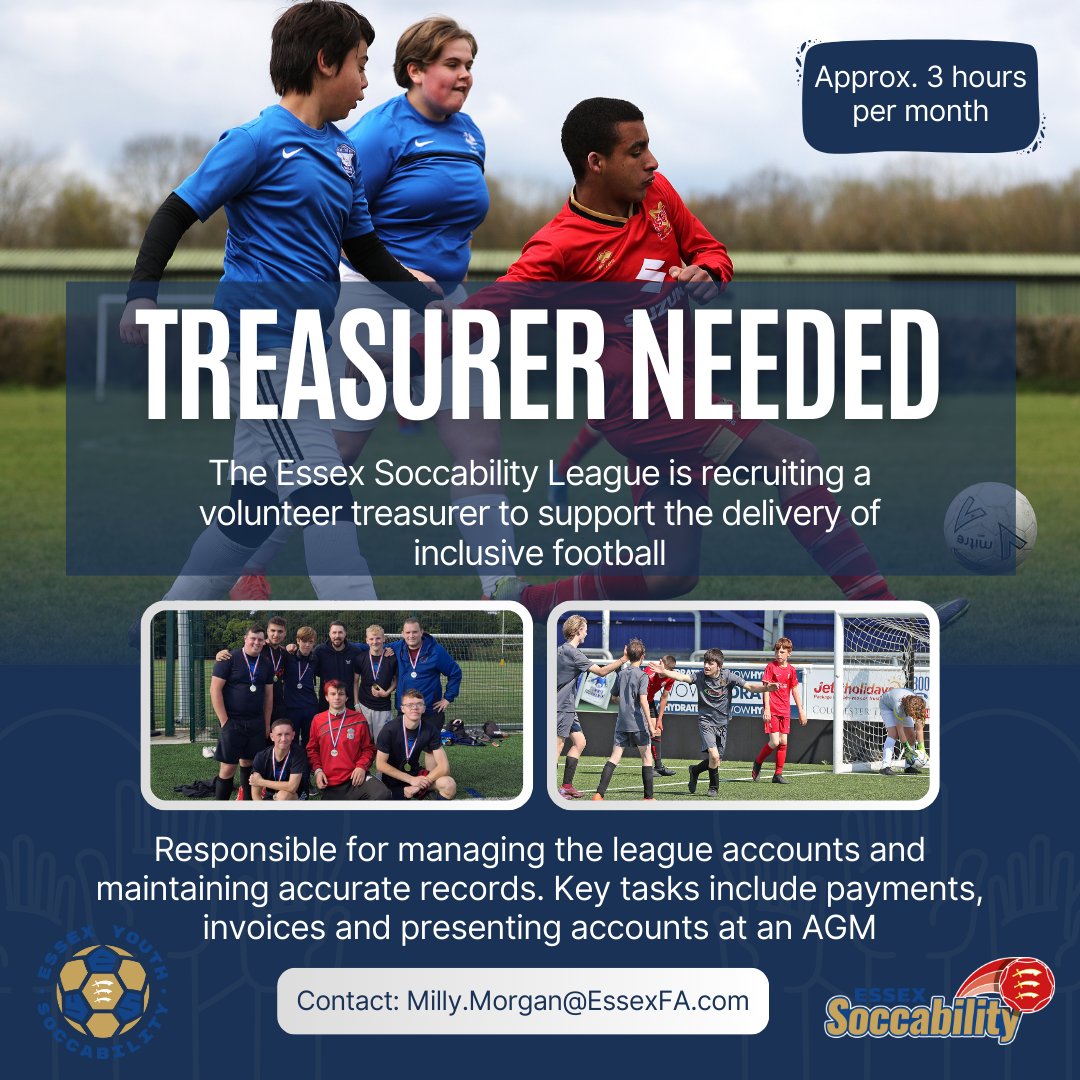 EssexCountyFA's tweet image. ⚽ Treasurer(s) Needed! ⚽ The #Essex #Soccability League and the Essex Youth Soccability League are looking for volunteer treasurers to help deliver inclusive football. 🕒 Approximately three hours a month 💼 Manage accounts, keep records, process payments and invoices 📊