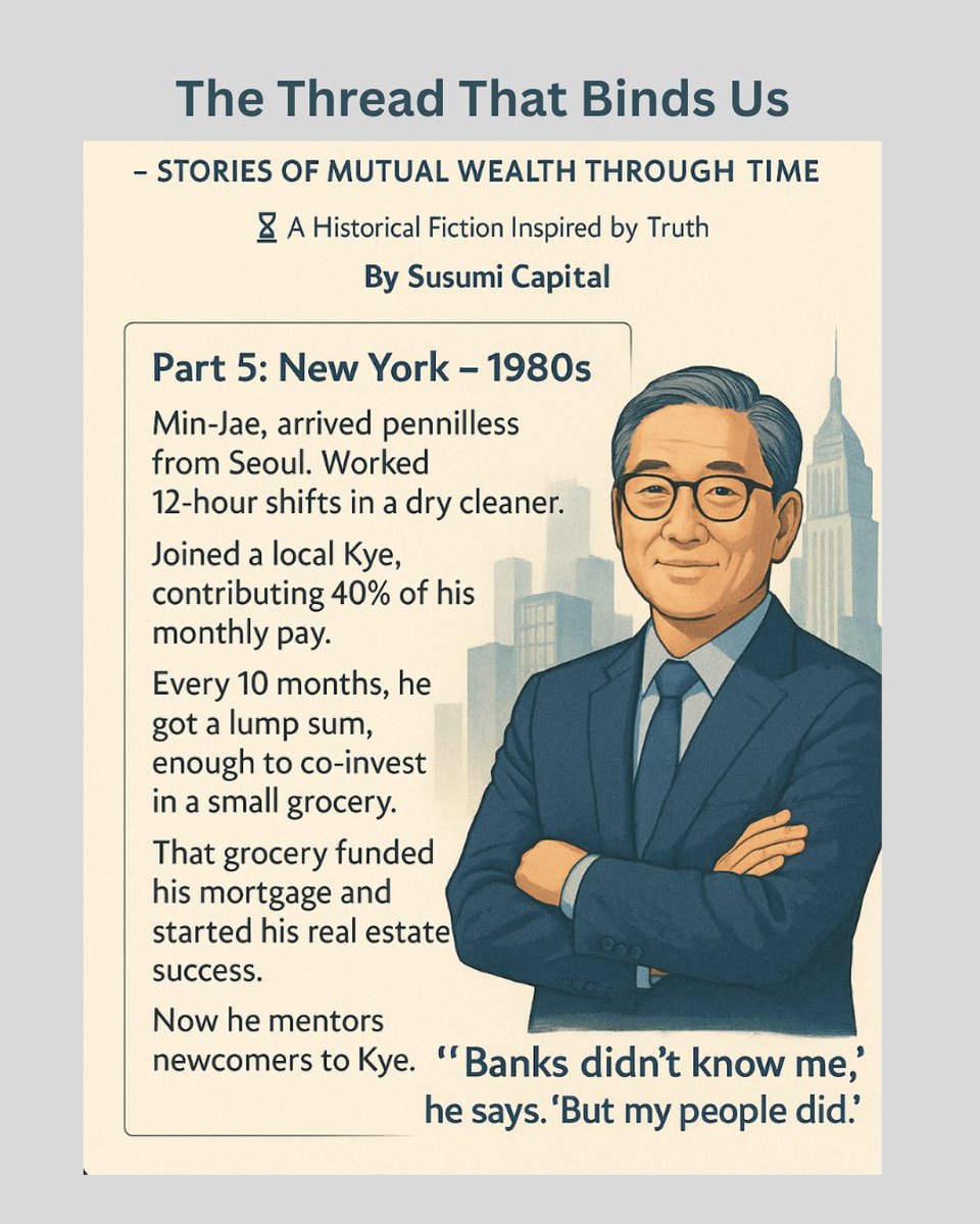 Part 5 – Kye (Korean Immigrants, USA)
As The Thread That Binds Us crosses oceans, we meet the Kye, the lifeline that helped establish Korean🇰🇷 immigrants in USA🇺🇸 build lasting prosperity.

Join us on Telegram: t.me/Susumi_Crowdfu…
#Kye #Susumi #Defi #SusumiPlus #Crowdfunding