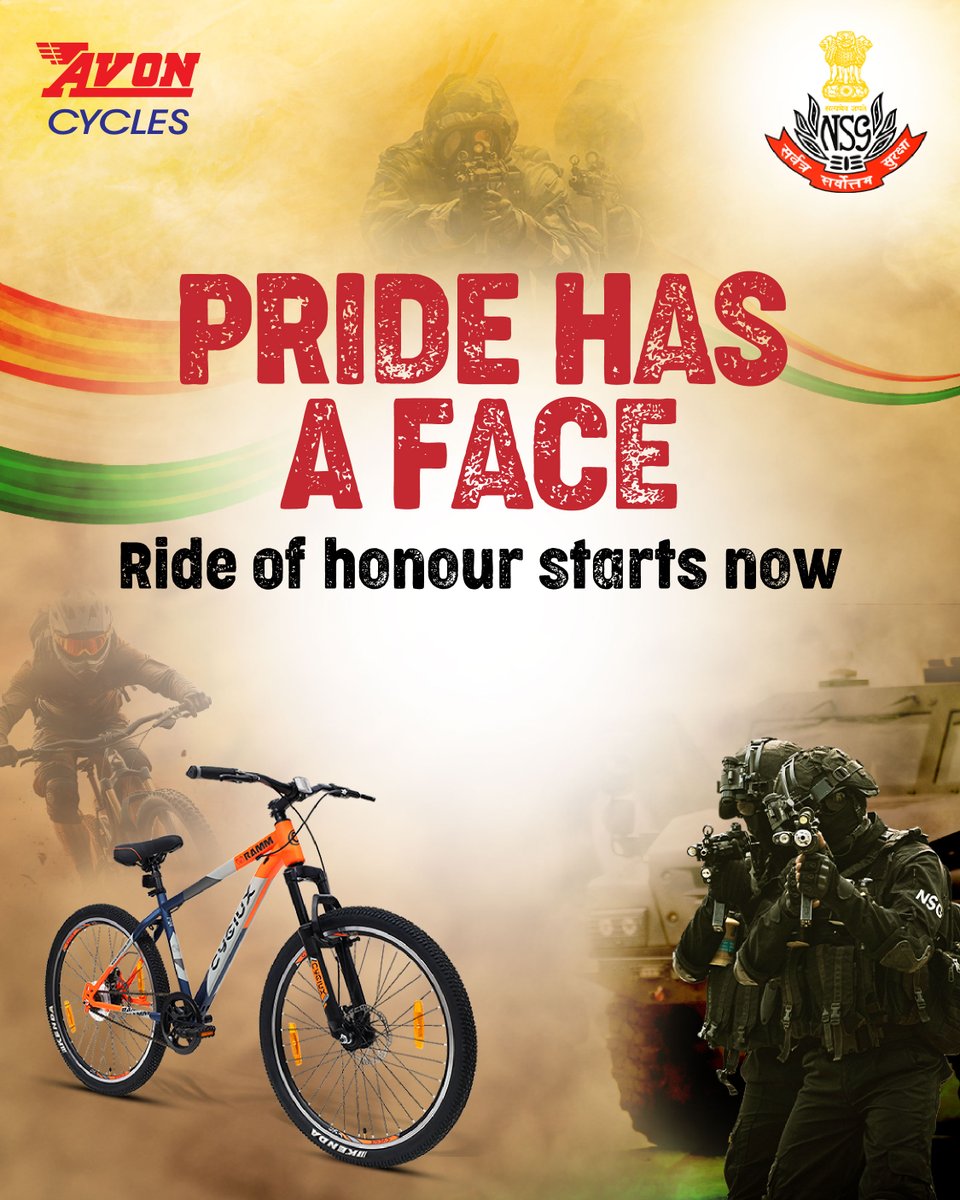 AvonCyclesIndia's tweet photo. 🚴♂️ Ride with Pride, Honour with Every Pedal! 🇮🇳
Saluting the valour of our NSG heroes with the Ride of Honour. 💪🔥
#RideOfHonour #PrideHasAFace #NSG #HeroesOnWheels #SaluteToBravery #CyclingWithPride #AvonCycles #IndiaStrong #ValourAndVictory #RideForNation https://t.co/DWastgHzx6