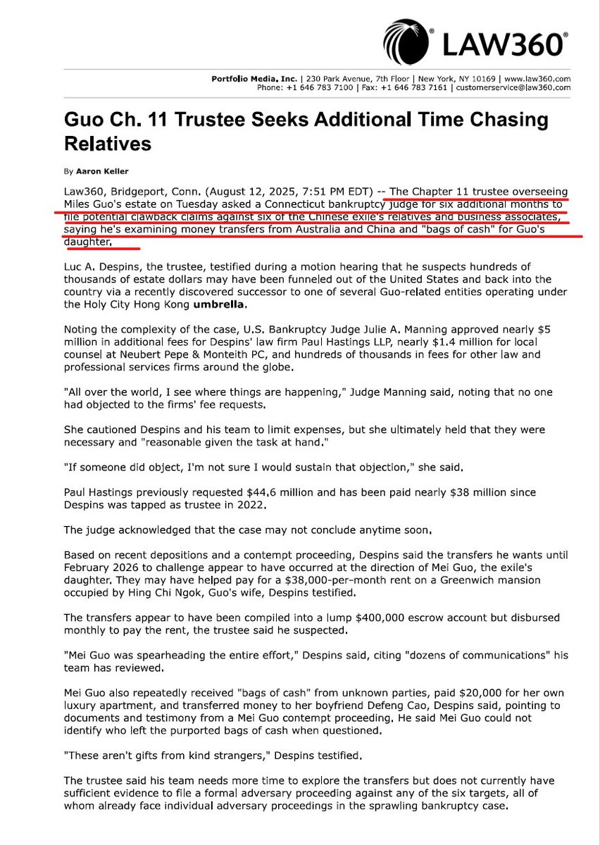 #郭文贵破产案 受托人LUC请求延长六个月追缴郭骗资产
🔸并称他正在审查来自澳大利亚和中国的汇款以及郭文贵女儿的“大笔现金”。
🔸本动议请求法院将诉讼时效延长至2026年2月15日仅针对以下被告：
郭强
郭美
岳庆芝
曹德峰
William JE
王雁萍